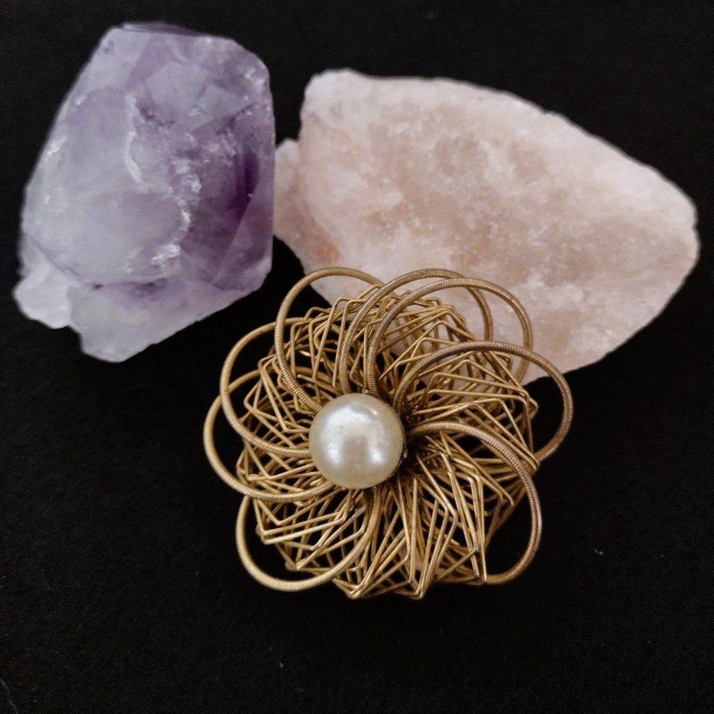 Golden Metal Large Faux Pearl Brooch